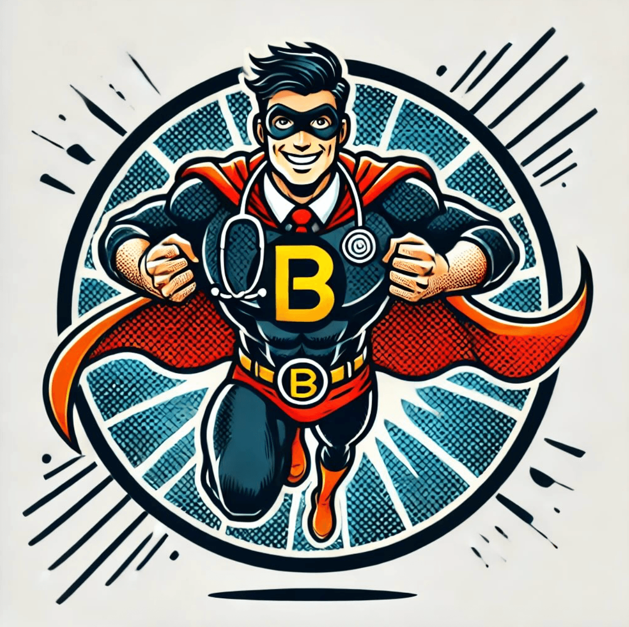 Doctor Big Brand, a comic-book superhero wearing a stethoscope and red cape